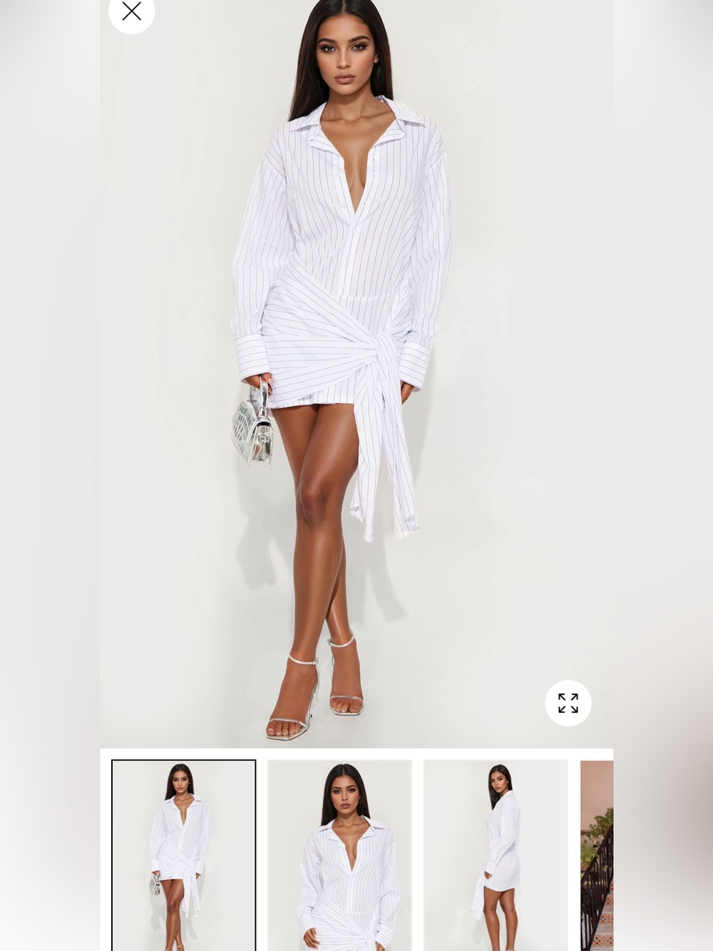 Fashion Nova White Pinstripe Tie-Waist Shirt Mini Dress